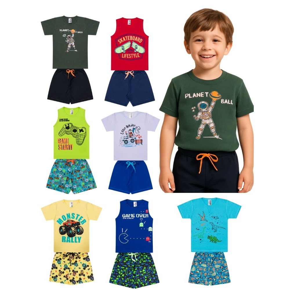 Kit 8 peças de Roupa Sortidas --4 Conjuntos Infantil e Juvenil Menino Tamanho 01 ao 14/Estampas Lindas/Algodão