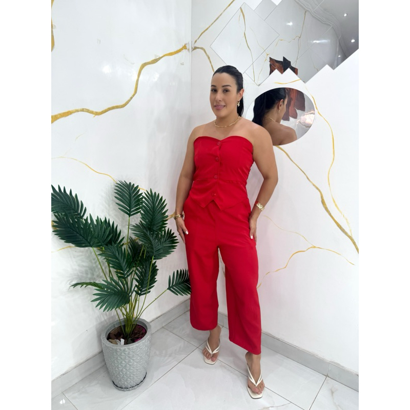 conjunto social  colete tomara que caia +calça pantalona casual e elegante alfaiataria