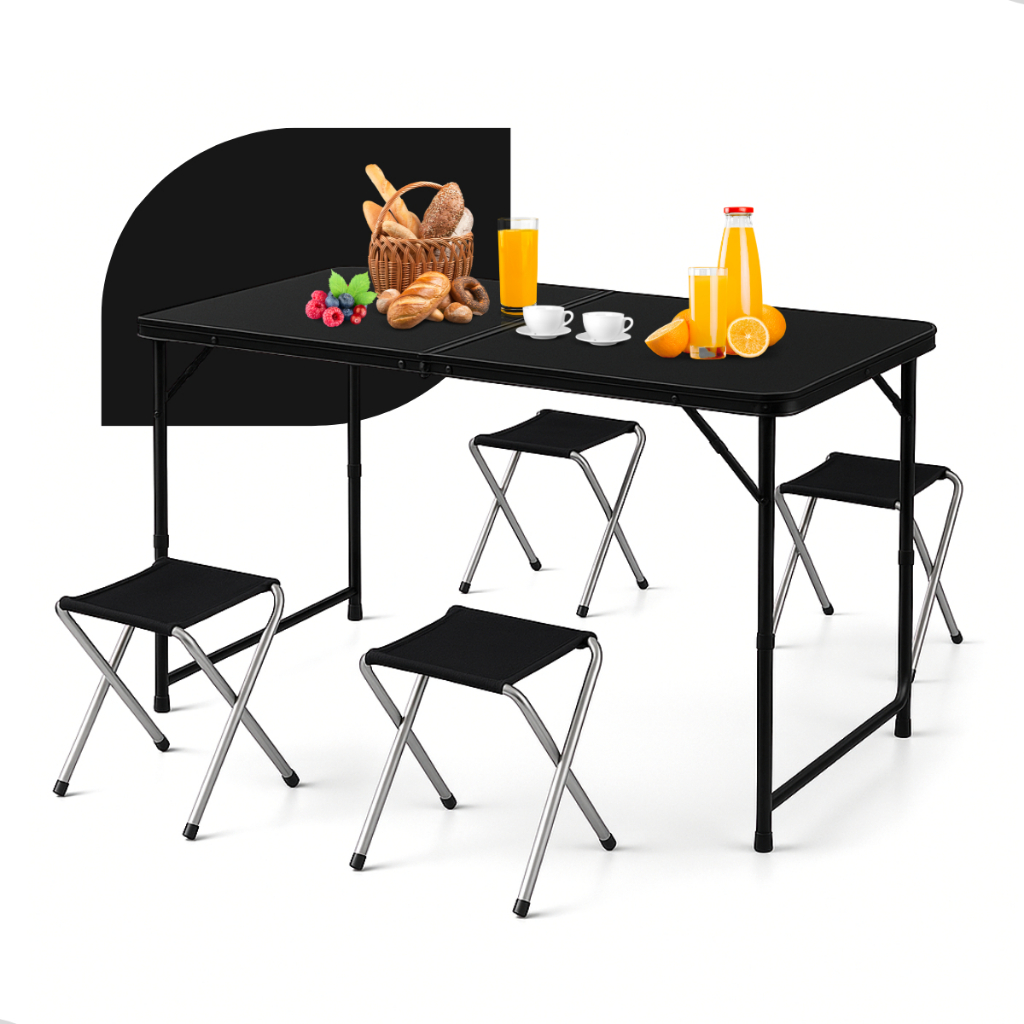 Mesa Dobrável Portátil Durey C/4 Cadeiras Para Camping Praia Jardim Piquenique Preta Vira Maleta