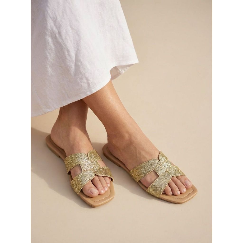 Rasteira Feminina H Flat Básica Brilho Glitter Verão