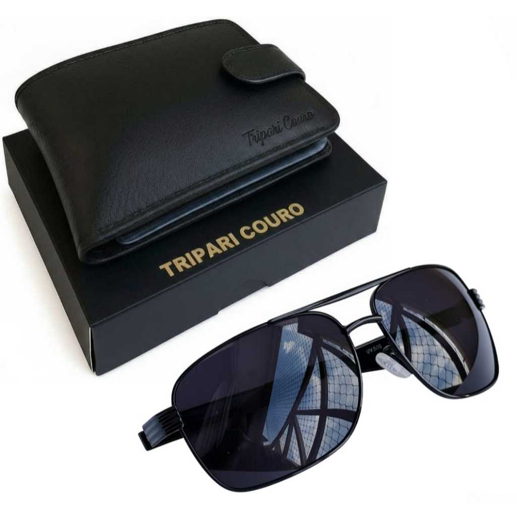 Óculos de Sol + carteira masculina couro legítimo Óculos com proteção UV400 com carteira completa em Oferta na Shopee