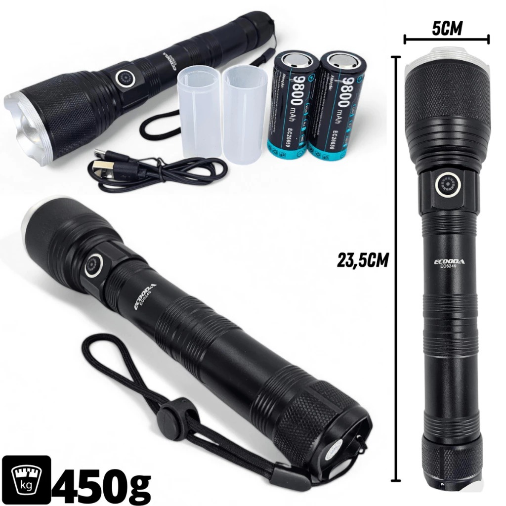 Lanterna Tática Militar Led Recarregável USB Mais Forte Do Mundo Luz Forte com Zoom Holofote Potente Leve 2 Baterias P90