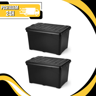 Kit 02 Caixa Organizadora 95 Litros Preta Reforçada Com Trava e Rodinhas Container em Oferta na Shopee