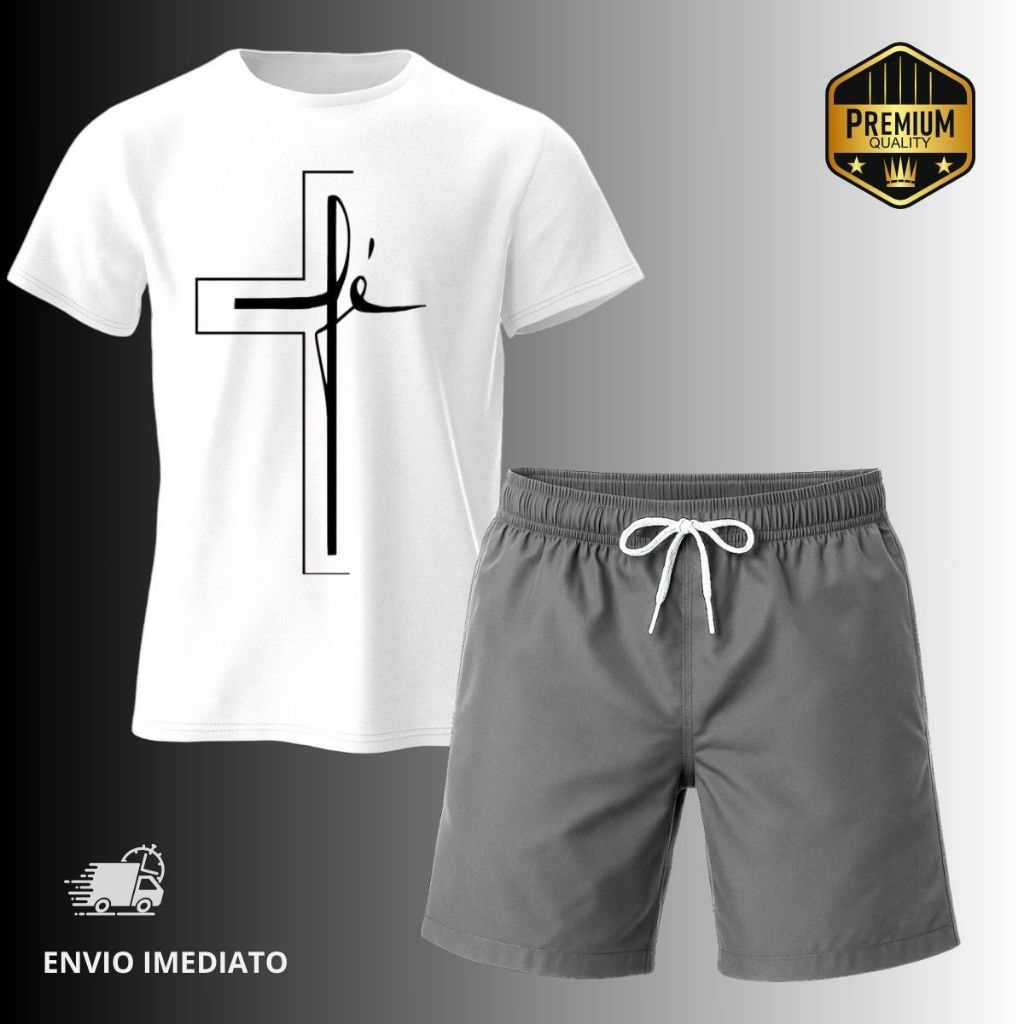Kit Camiseta Masculina 100% Algodão Fé + Bermuda de Tactel Shorts Praia Masculino Academia Verão Seca Rapido