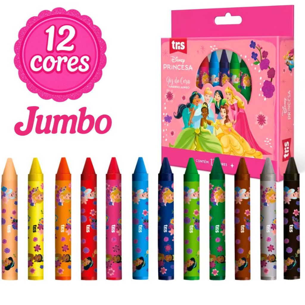 Giz De Cera Escolar Infantil Jumbo Grosso Com Rótulo Protetor Material Escolar Princesas Disney em Oferta na Shopee