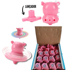 Kit Pião Com Lançador de Batalha Porquinho Giro Rápido Lançador Competição Lembrancinha Infantil
