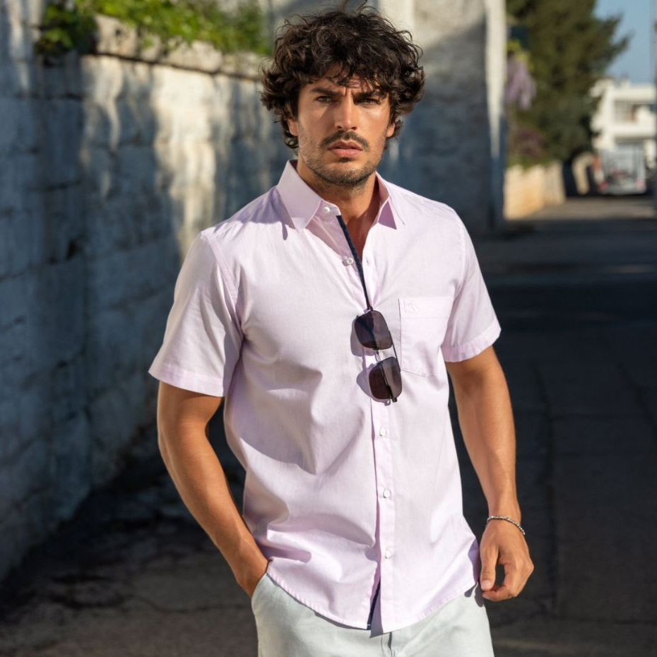 Camisa Social Masculina Listrada Comfort Manga Curta 100% Algodão Com Bolso