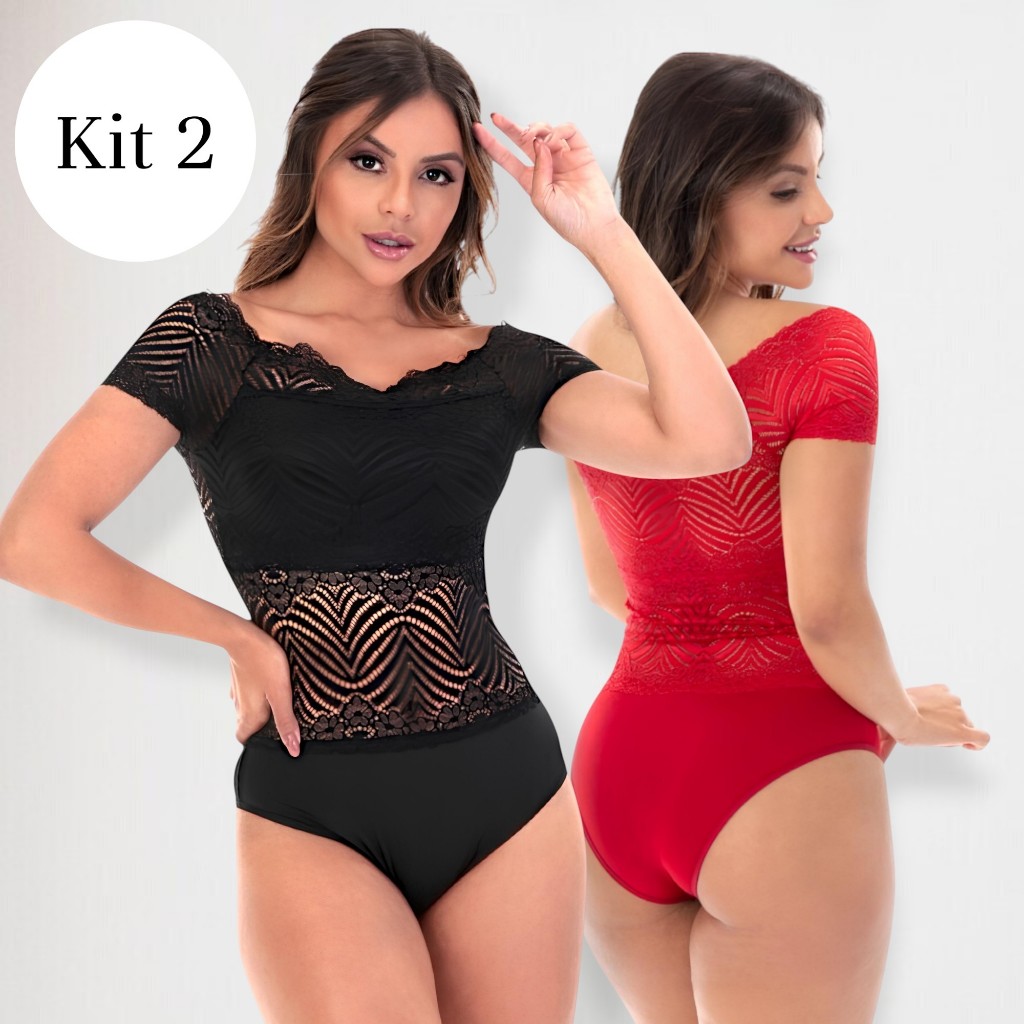 Kit 2 Body Feminino Rendado Ciganinha Calcinha Fio Duplo com Renda Fio Dental Lingerie Feminina