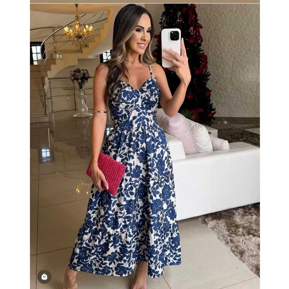 Vestido Midi 3 Marias em Crepe Aya (toque de seda) Estampado Floral – Alça Regulável, Bojo e Lastex nas Costas (5 cores)