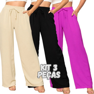 Kit 3 Calça Pantalona de Amarrar Feminina Crepe Duna Elastex em Oferta na Shopee