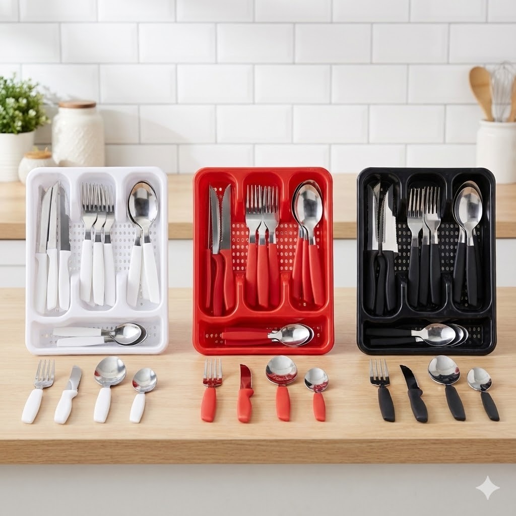 Jogo de Talheres Faqueiro Inox 25 Peças Cabo de PU com Bandeja Organizadora em Oferta na Shopee