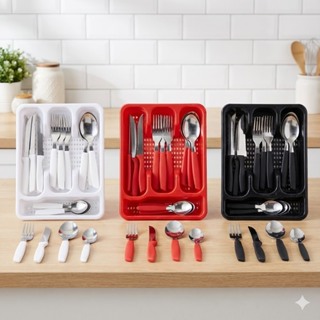 Jogo de Talheres Faqueiro Inox 25 Peças Cabo de PU com Bandeja Organizadora em Oferta na Shopee