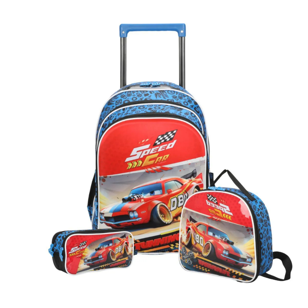 Kit Escolar Mochila De Rodinhas Lancheira e Estojo Para Meninos Carros Azul