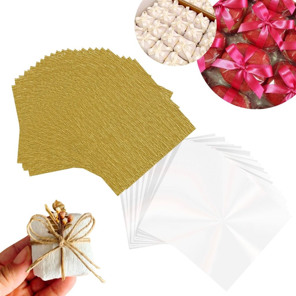 Kit 100 Embalagem Bem Casado Dourado Crepom Festa Lembrancinha + Plástico Transparente em Oferta na Shopee