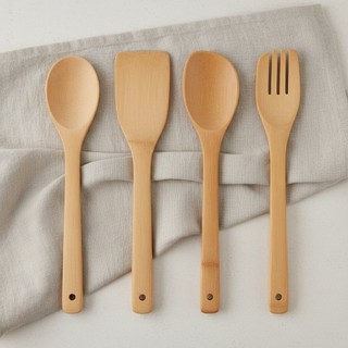 Kit Utensilios 4 Peças de Cozinha Colheres de Bambu Natural Espatula Colher Bambu Pau Madeira Concha