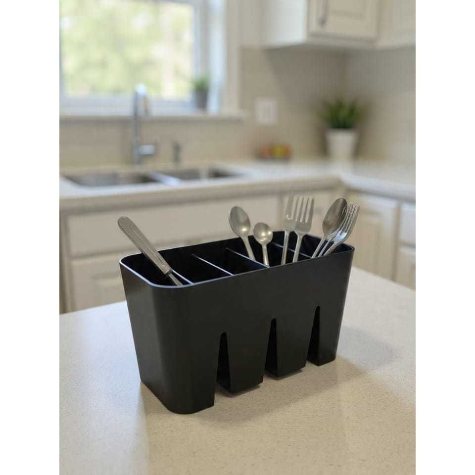 Escorredor de Talheres de Pia Porta Talheres e Utensílios de Plástico Resistente e Moderno com 4 Divisórias Preto