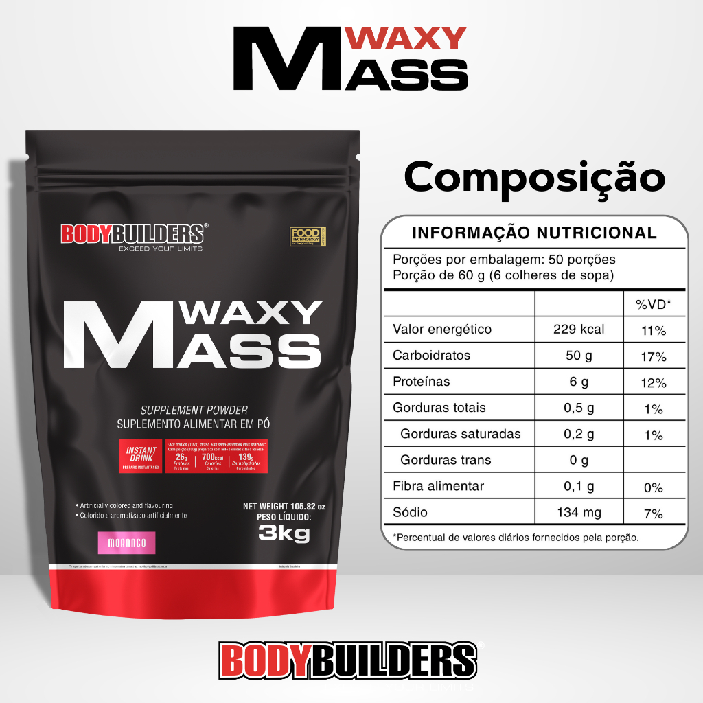 Detalhes do Kit Waxy Mass 3kg + Waxy Whey 900g + Power Creatina 100g - Para ganho de peso - Bodybuilders
