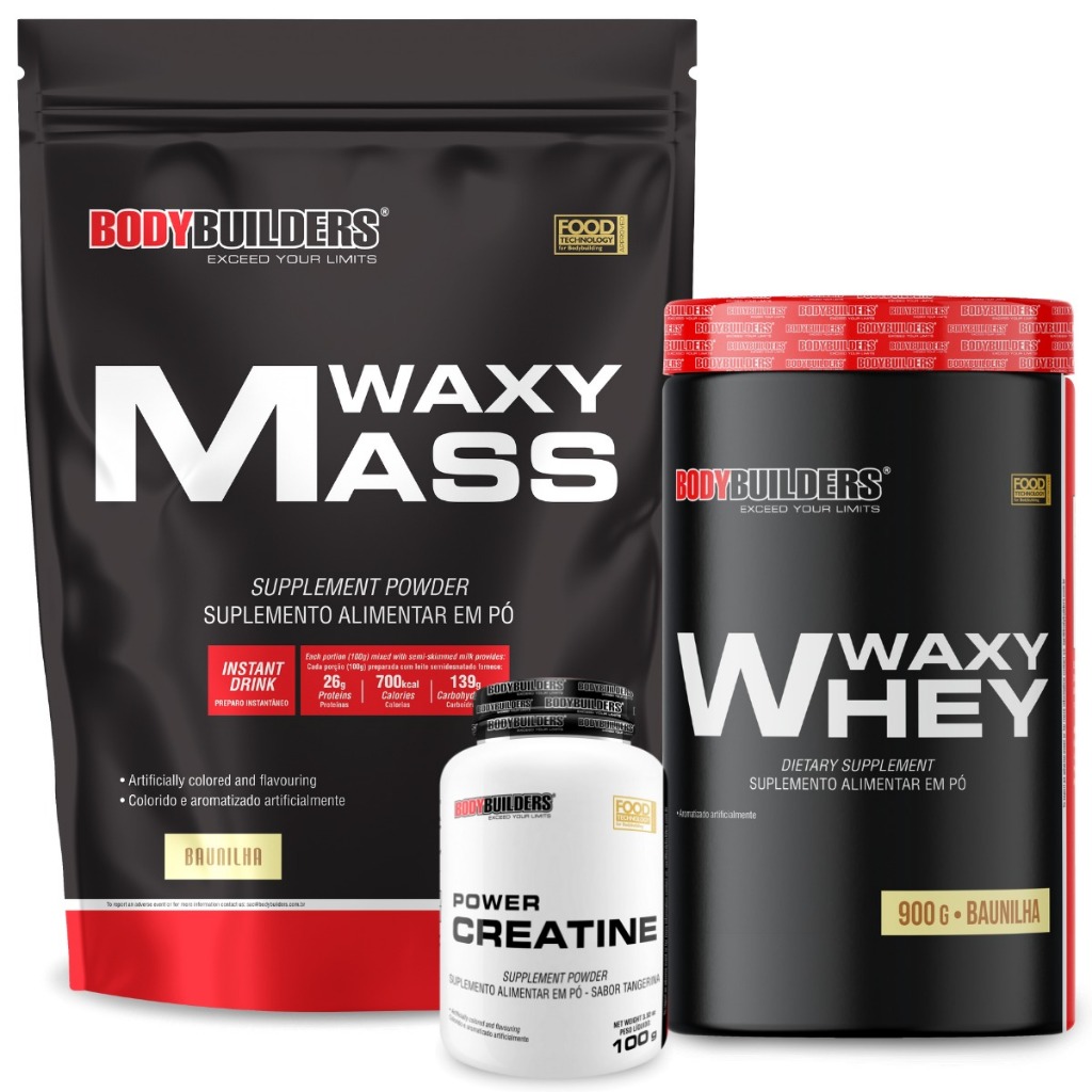 Kit Waxy Mass 3kg + Waxy Whey 900g + Power Creatina 100g - Para ganho de peso - Bodybuilders em Oferta na Shopee