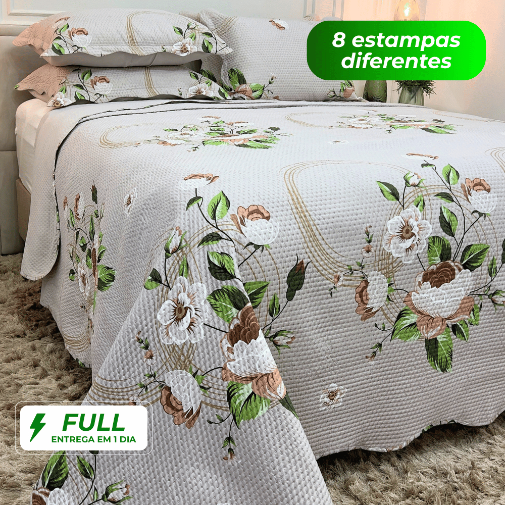 Kit Cobre Leito Colcha Casal King 3 Peças Estampada Florida Matelado Dupla Face Percal Cama Box