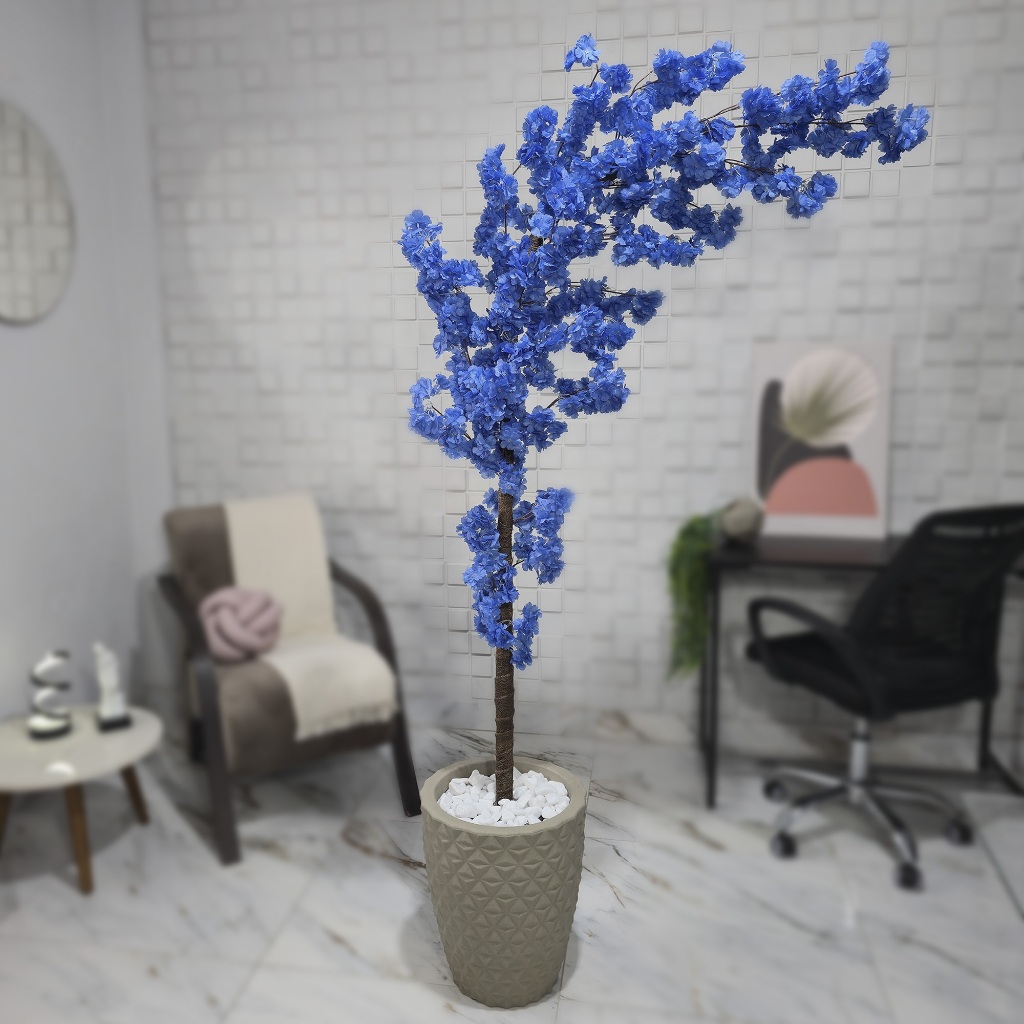 Planta Artificial Cerejeira Japonesa Curva Azul 1,80cm Vaso Pedra