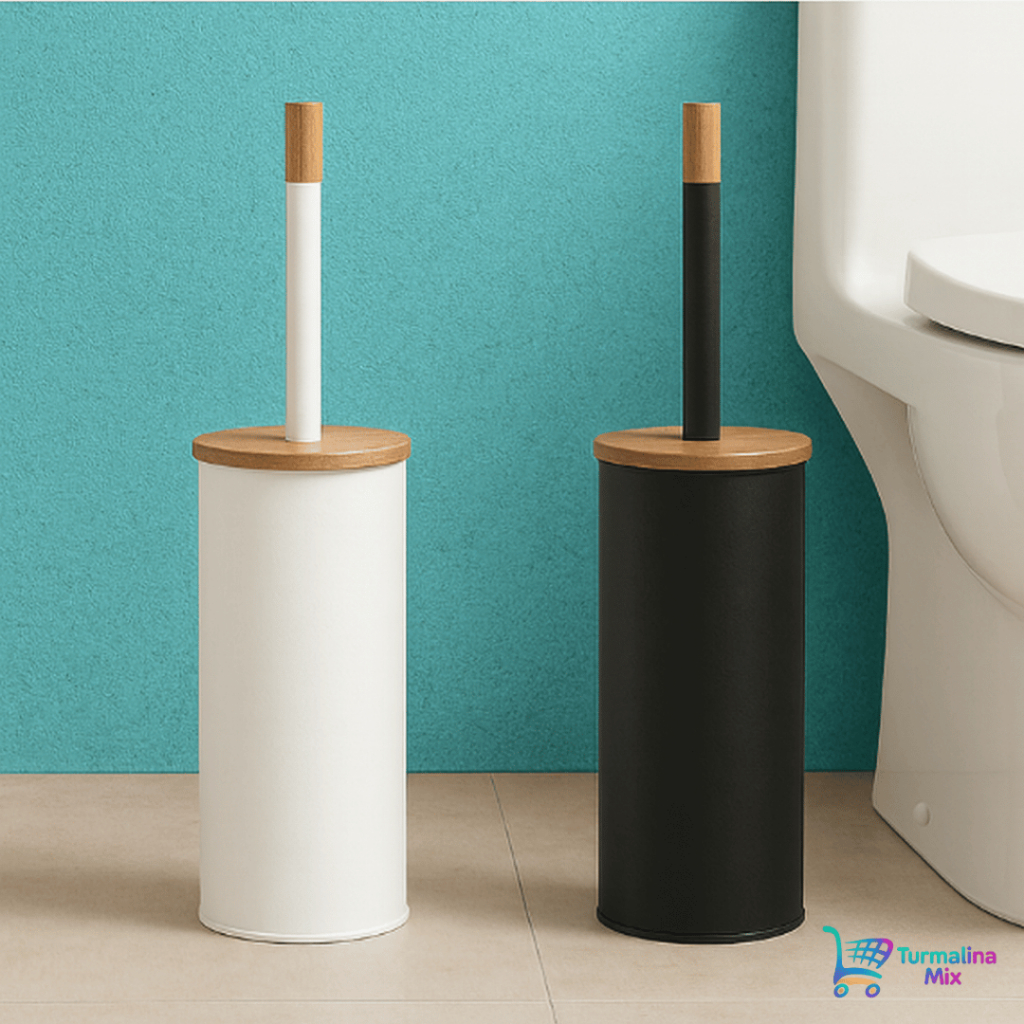 Escova De Vaso Sanitário Cabo E Tampa Bambu Com Suporte Resistente