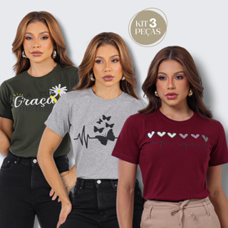 Kit 3 Blusa Feminina Algodão Manga Curta Estampada em Oferta na Shopee
