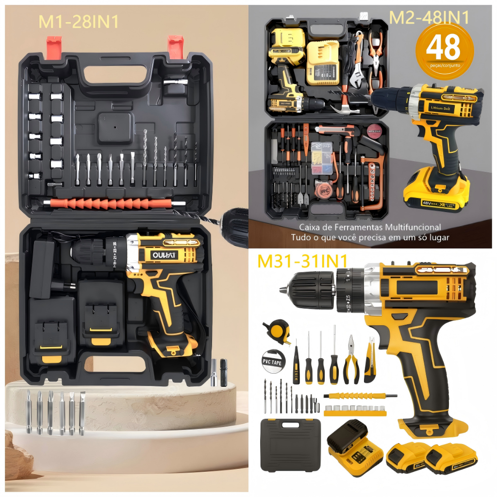 Kit 28/31/48 Parafusadeira Furadeira 48V 2 Baterias Com Maleta e Acessórios Completo