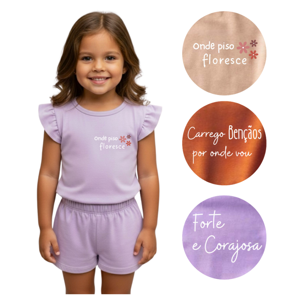 Conjunto Infantil Menina com Frases de Fé | Camiseta + Shorts em Algodão Confortável em Oferta na Shopee