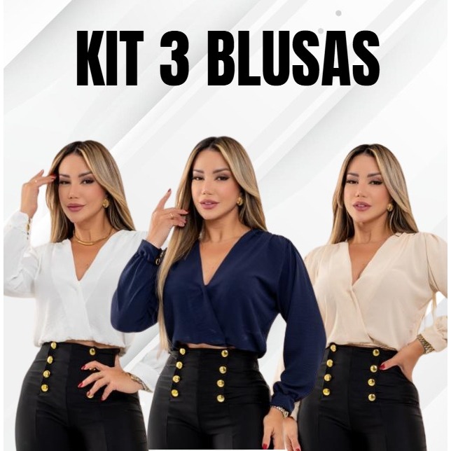 Kit 3 Camisas Manga Longa Lisa Social Decote Transpassado Semi Cropped Cores Sortidas