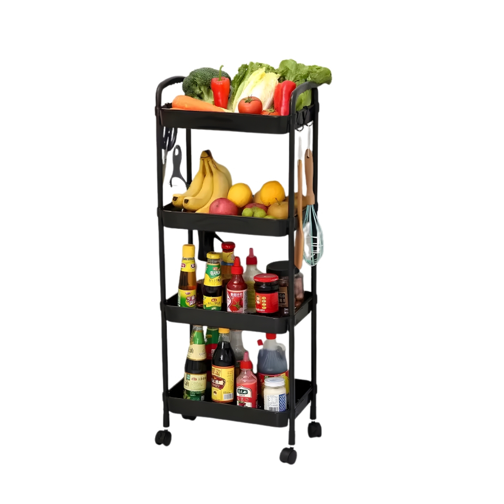 Carrinho Organizador de Cozinha Banheiro Multiuso 4 Andares Preto Com Rodinhas