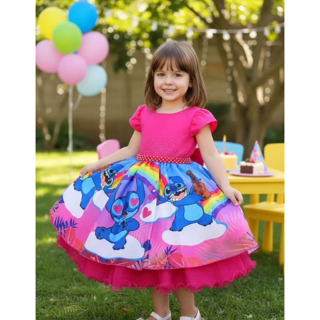 Vestido Infantil Lilo e Stitch Festa Aniversário Menina Angel Princesa Luxo