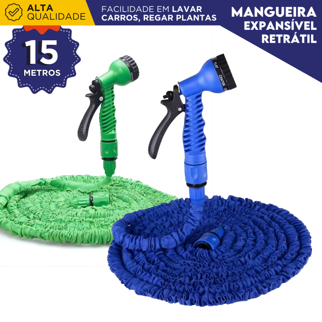 Mangueira Mágica 15m Extensível Retrátil 7 Jatos Alta Pressão Para Jardim e Lavagem de Carro - AV