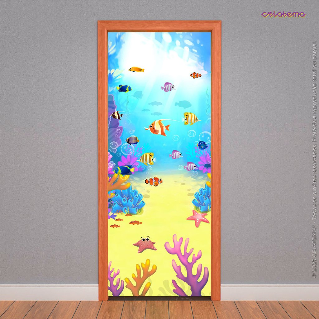 Capa de Porta Quarto Fundo do Mar Retangular Veste Porta Decorativo Tecido Sublimado 0,80x2,10m