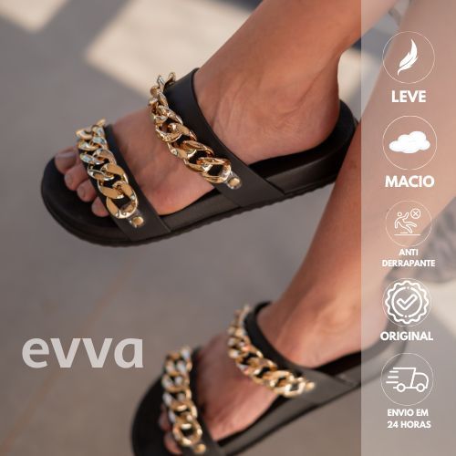 Chinelo Slide Feminino Evva Correntes Douradas | Conforto e Estilo | Diversas Cores FLAT