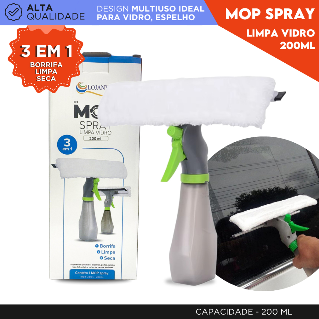 Rodo Mop Spray Limpa Vidro 3 em 1 200ml Borrifa Limpa e Seca Limpador de Vidros com Reservatório -BN