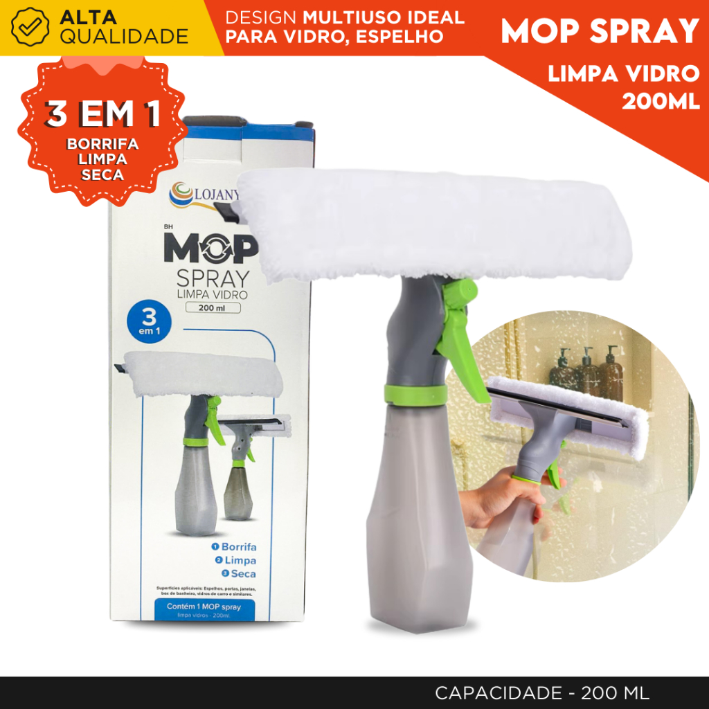 Rodo Mop Spray Limpa Vidro 3 em 1 200ml Borrifa Limpa e Seca Limpador de Vidros com Reservatório -CH