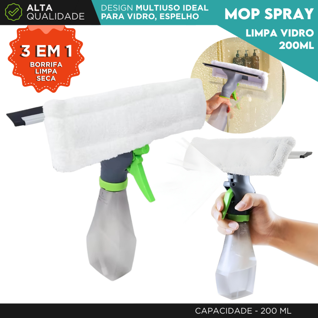 Rodo Mop Spray Limpa Vidro 3 em 1 200ml Borrifa Limpa e Seca Limpador de Vidros com Reservatório -MN