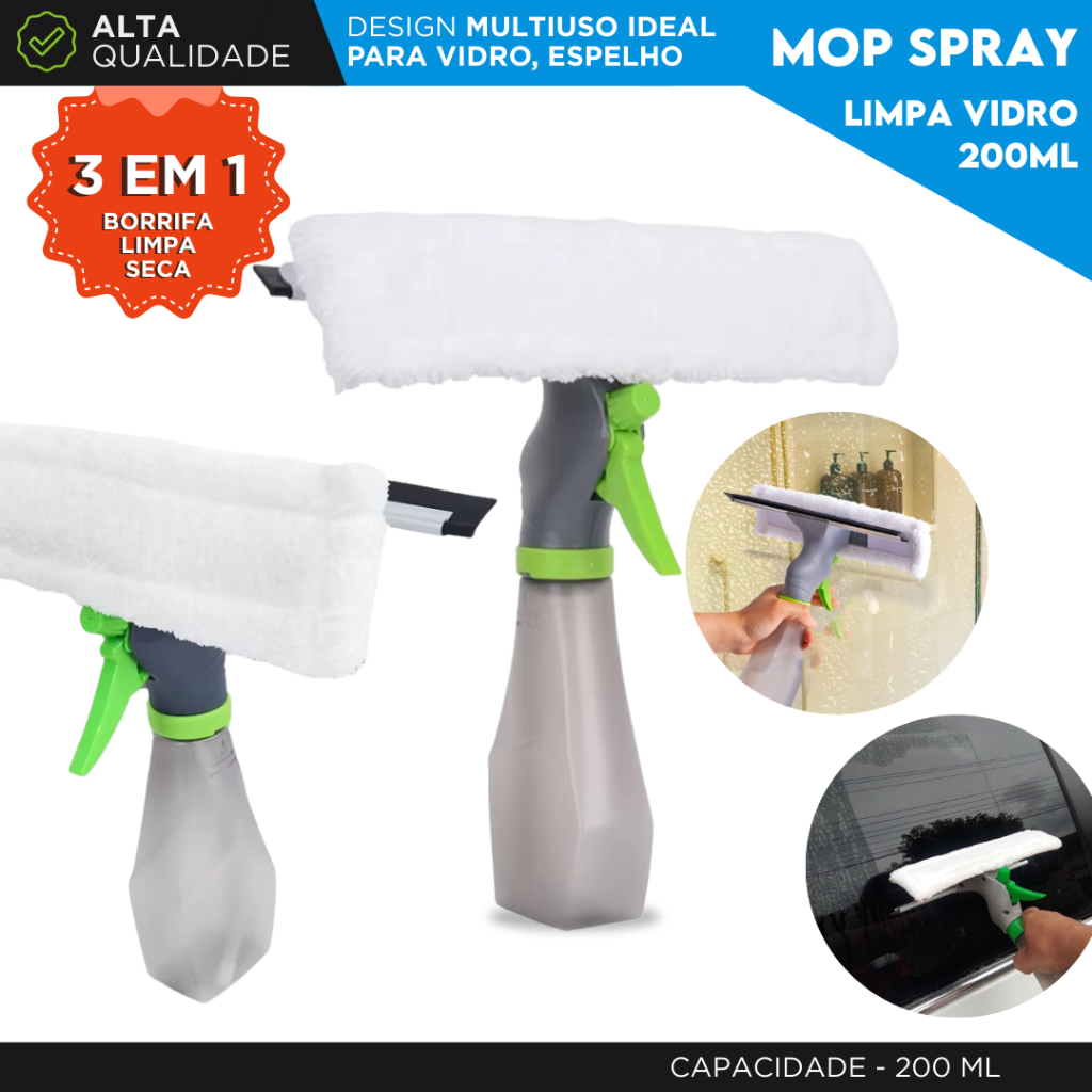 Rodo Mop Spray Limpa Vidro 3 em 1 200ml Borrifa Limpa e Seca Limpador de Vidros com Reservatório -NL