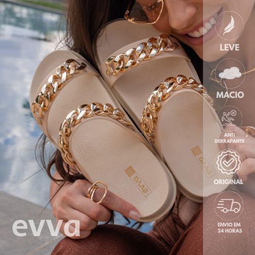 Chinelo Slide FLAT Feminino Evva Correntes Douradas Conforto e Estilo Diversas Cores em Oferta na Shopee