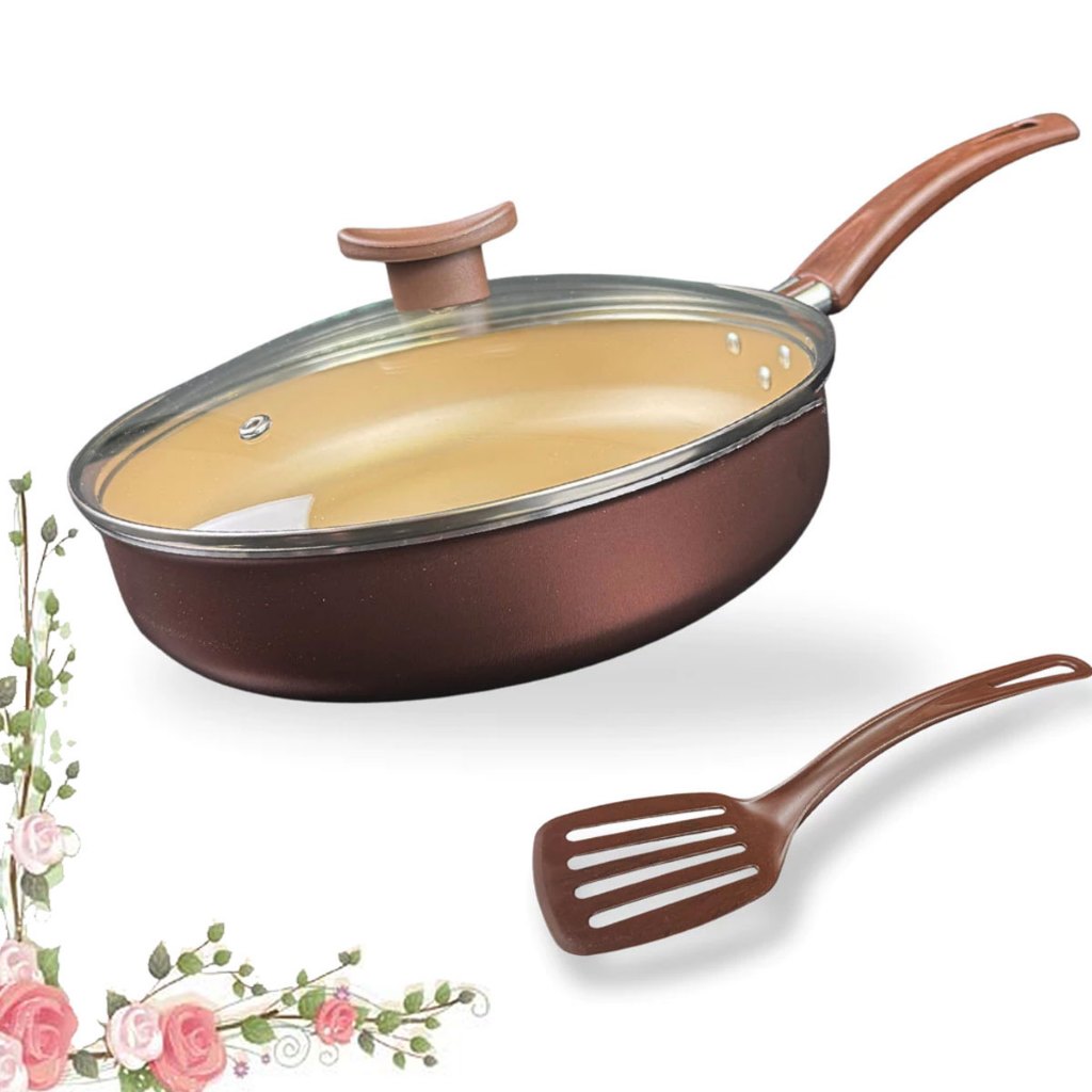 Frigideira Alta Antiaderente Com Tampa De Vidro e Espátula 24Cm Grande Teflon Cor Marrom Bege Dourado Alumínio Grosso em Oferta na Shopee