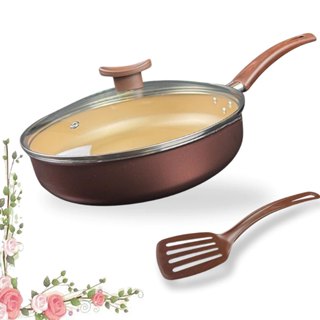 Frigideira Alta Antiaderente Com Tampa De Vidro e Espátula 24Cm Grande Teflon Cor Marrom Bege Dourado Alumínio Grosso em Oferta na Shopee