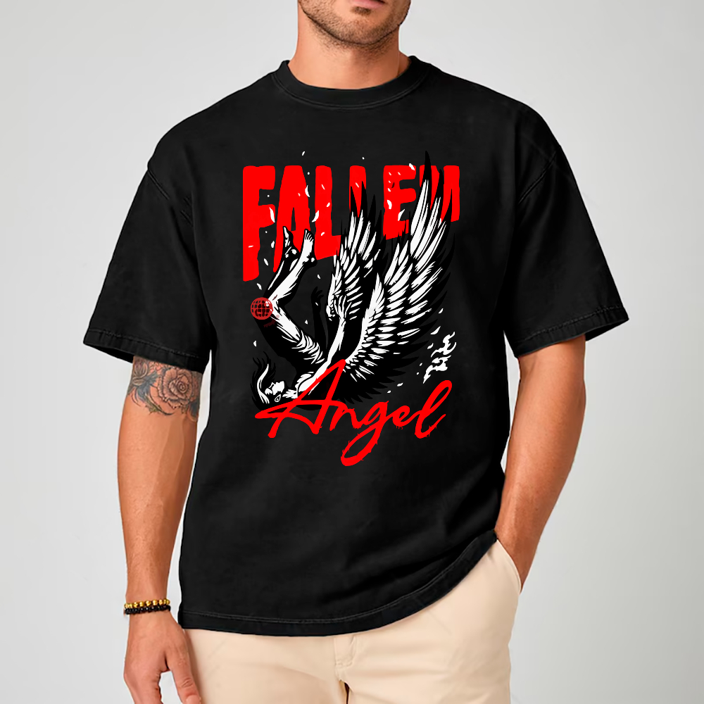 Camiseta Oversized Unissex Fallen Angel Dramática Anjo Caído e Halo Vermelho 100% Algodâo Streetwear