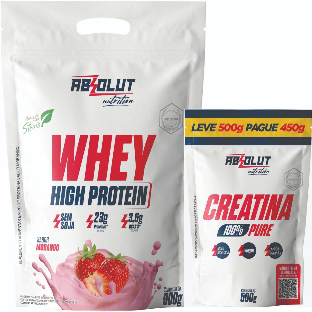 Kit Whey High Protein 900g + Creatina 100% pura 500g refil Absolut Nutrition Massa Muscular