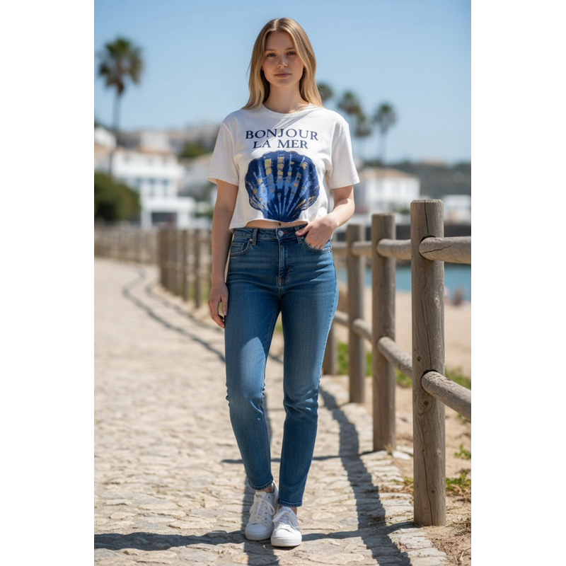 🌊 Cropped T-Shirt Bonjour La Mer Concha Azul Dourada Praia Verão Estampada Feminina M REF:08
