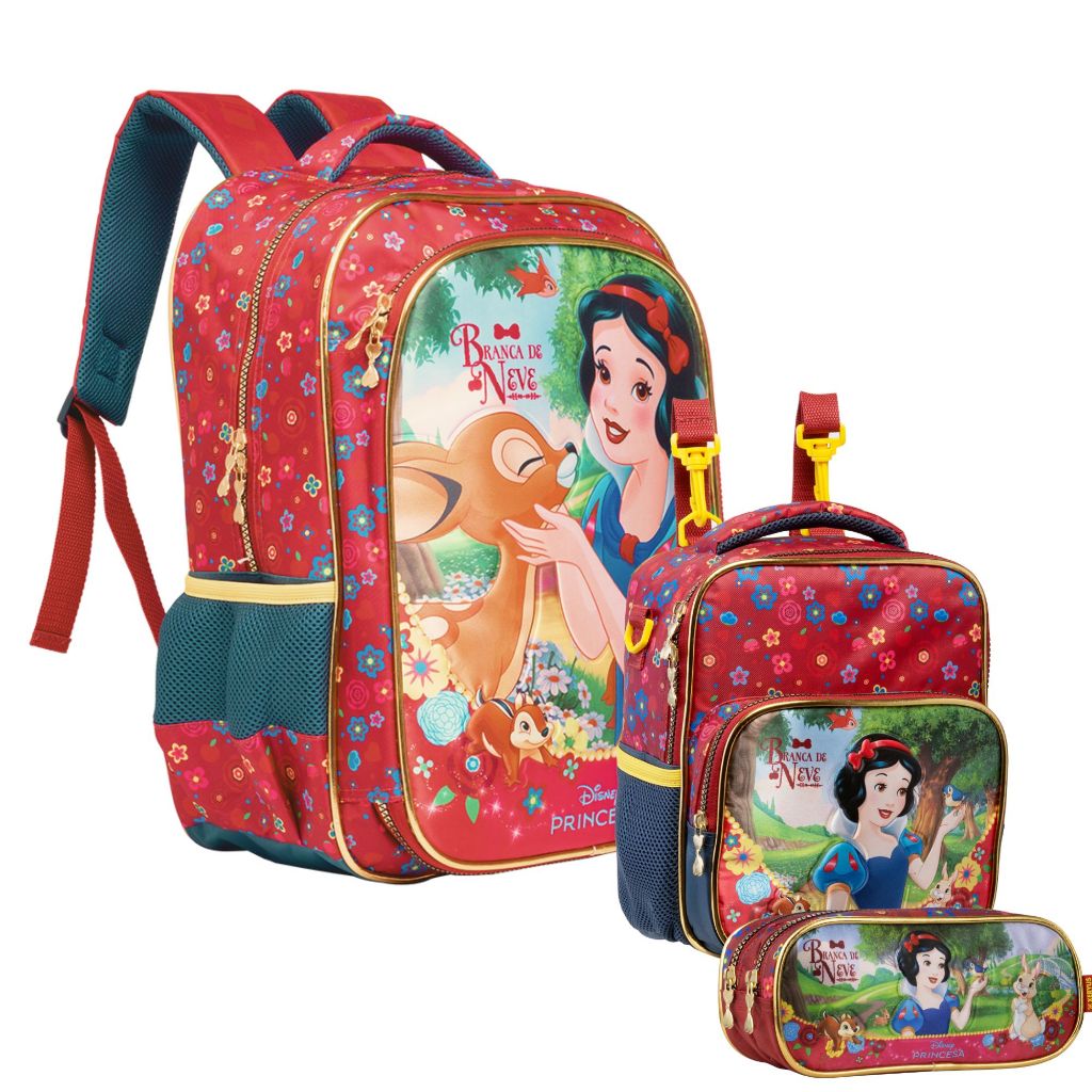 Mochila Mala Escolar com Rodas 16", Lancheira Térmica, Estojo Duplo Disney Branca De Neve Xeryus em Oferta na Shopee