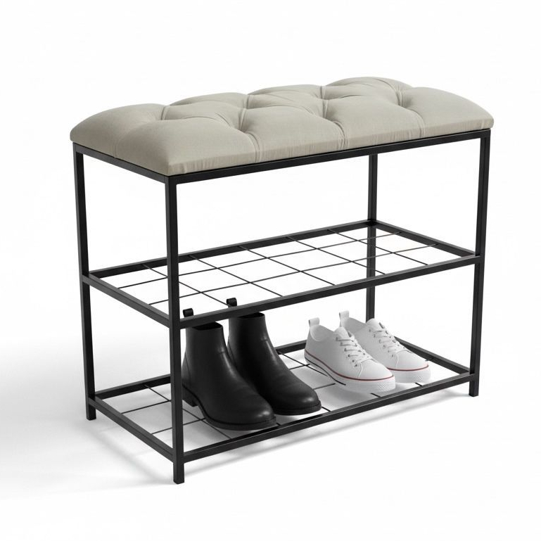 Banco Sapateira Organizadora Moderno Estofado Bege 60 Cm Preto-estofado Bege