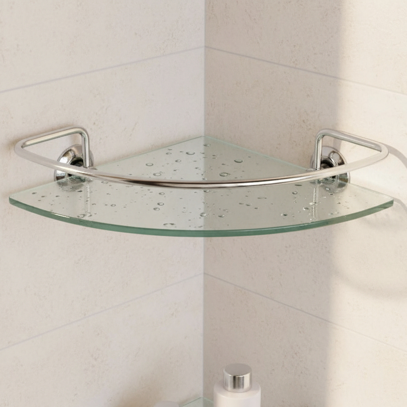 Porta Shampoo Para Banheiro Lavabo Canto em Vidro 6mm Prateleira Incolor Cantoneira com Haste