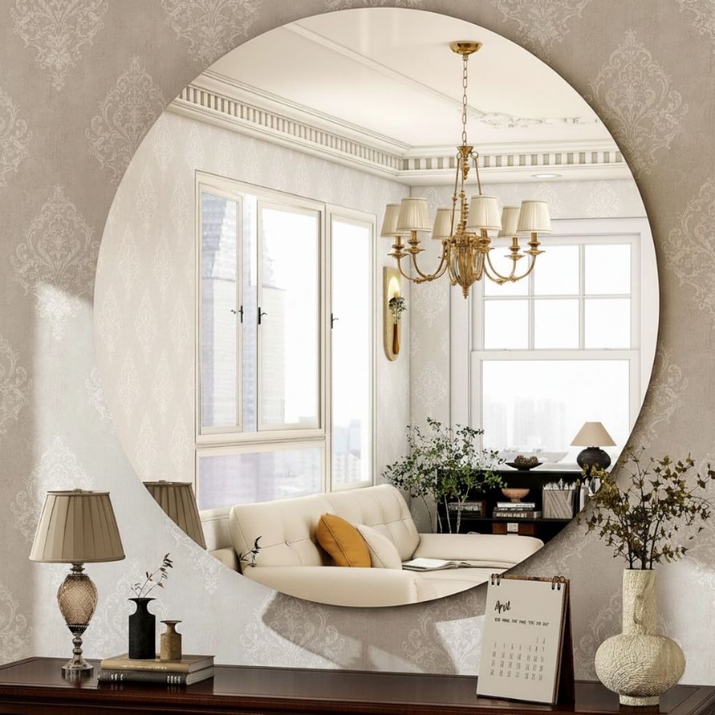 Espelho Redondo Lapidado 60x60cm Parede Sala Escritório Quarto Banheiro Lapidado