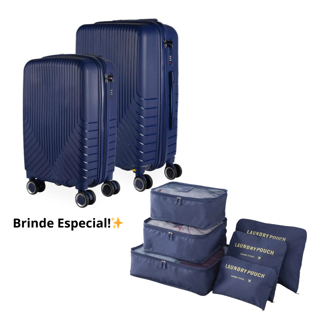 Kit Mala Bordo 10kg + Mala Média 23kg em Polipropileno – Linha Maldivas Ganhe 6 Organizadores de Mala;Envios