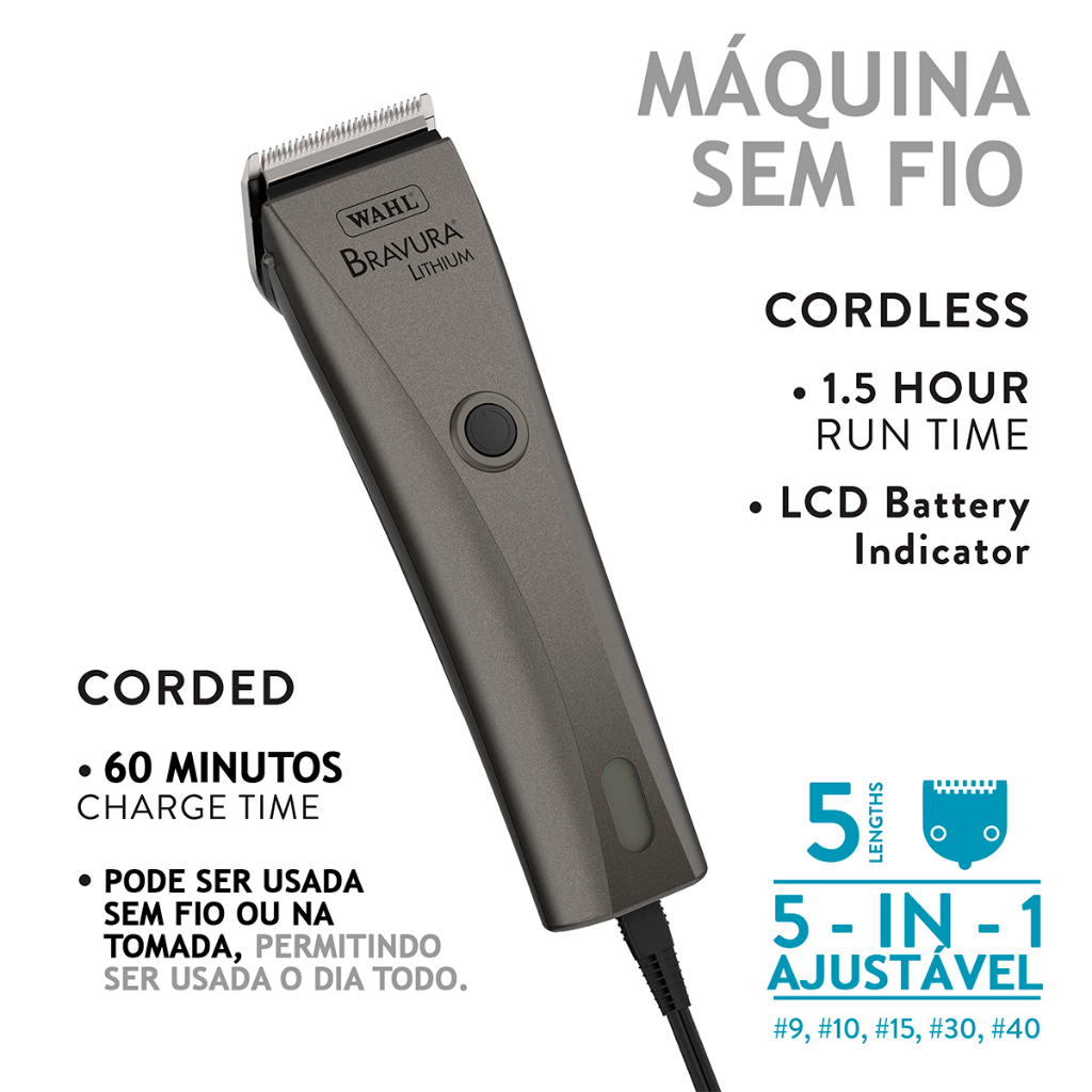 Bravura Wahl Maquina de Tosa Profissional Cinza Sem Fio Bivolt